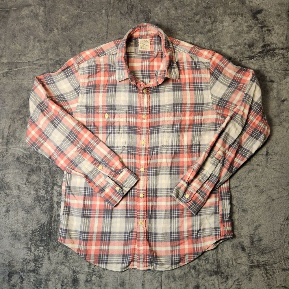 J. Crew Mens Large Slim Fit Flannel Shirt Red Blue White Plaid Long Sleeve EUC